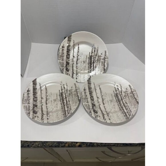 Set Of 3 Better Homes & Gardens Forest Scene 11" Dinner Plates Porcelain White & - Picture 3 of 9